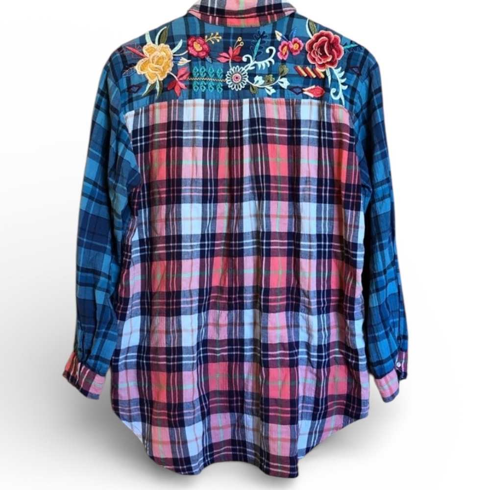 Johnny Was Pink and Blue Plaid Embroidered Eliona snap Button-Up Top - Picture 4 of 16